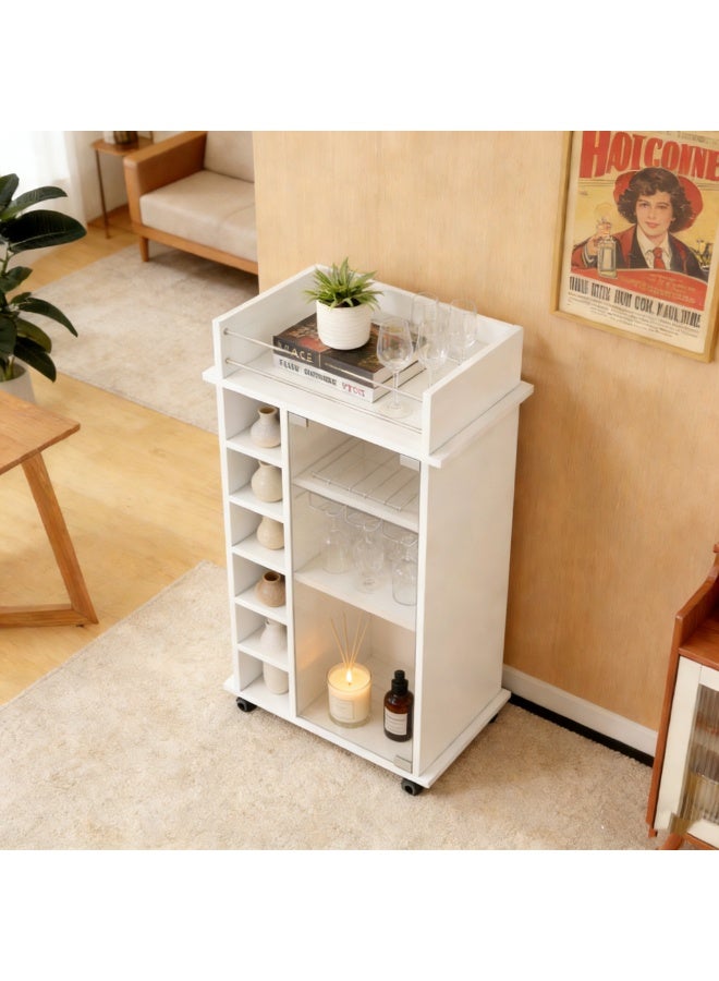 خزانة التخزين المتداولة مع Cubbies المفتوحة والرفوف الزجاجية ، عرض جوال أبيض جانبي مع عجلات ، منظم رف الكتب متعدد الوظائف لغرفة المعيشة ، المكتب المنزلي ، المطبخ ، غرفة الطعام (JJ003) - Image 3